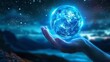 © Lull - Hand holding glowing earth. Hand holding a glowing Earth with a starry sky backdrop.