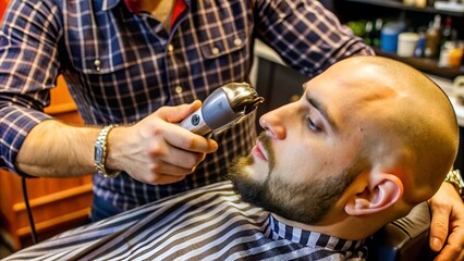 Close-up of skilled barbershop specialist shaving man's head working with client in studio. Beauty salon and electrical appliance concept.