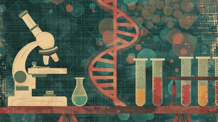 Wall Mural - microscope, dna, and test tubes. science, research, and discovery are represented by a microscope, d