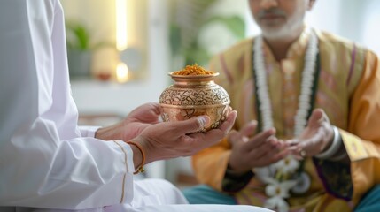 Wall Mural - Close-up of a doctor discussing the use of Ayurvedic medicine with a patient, holding an Ayurvedic herb container and explaining, traditional clinic background with Ayurvedic decor, Portrait