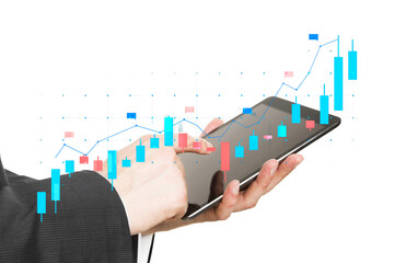 Wall Mural - A person analyzing financial data on a tablet with stock market graphics overlay, isolated on a white background, financial concept