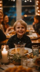 Sticker - A happy child sitting at a table with a plate of food. AI.