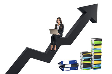 Wall Mural - A woman with a laptop sits on an upward arrow, next to stacks of colorful books, on a white background, symbolizing growth or learning