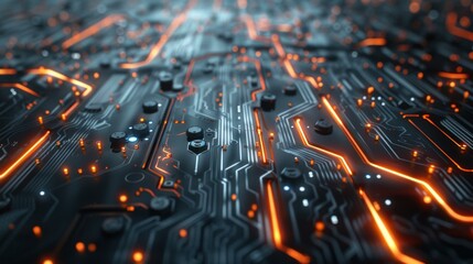 Poster - Circuit board with glowing orange lines. AI.