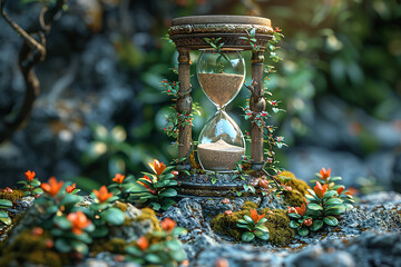 Wall Mural - old generation hourglass in forest with green background generated by AI