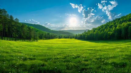 Wall Mural - A green field with trees and sun in the background.