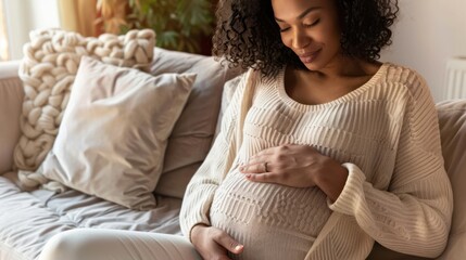 Close-up of a happy pregnant woman sitting on the sofa with a smile and holding her belly with both hands at home in the living room. copy space
