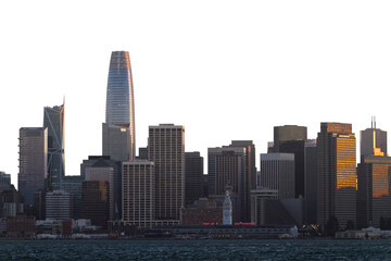 Wall Mural - A city skyline with prominent buildings lit by sunset, with water in the foreground and a clear sky