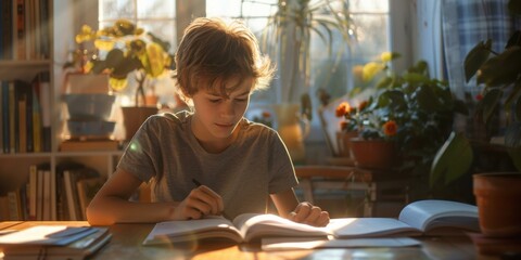 Poster - A boy is doing his homework in the afternoon sun. AI.