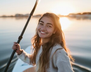 Poster - A young woman paddles a paddleboard through the water at sunset. AI.