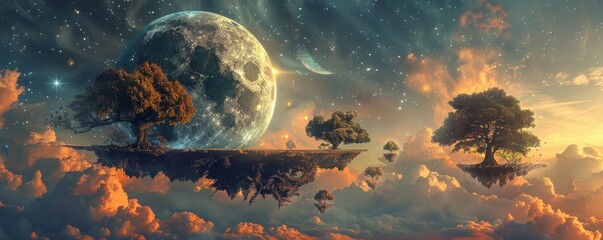 Wall Mural - surreal landscape with twisted trees, floating islands, and giant moon