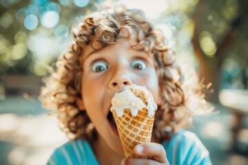 Sticker - Boy eating an ice cream cone. AI.