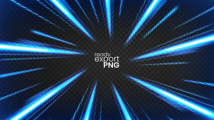 Wall Mural - Halftone Blue Rays Zoom in Motion Effect, Swirl Light Color Trails, PNG Ready, Vector Illustration