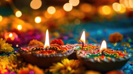 Diwali Festival Celebration with Illuminated Clay Lamps