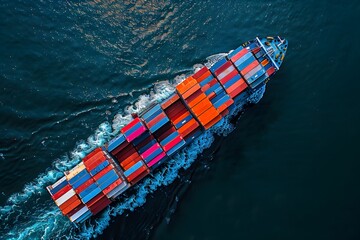 Aerial View of a Cargo Ship with Colorful Containers Navigating the Ocean