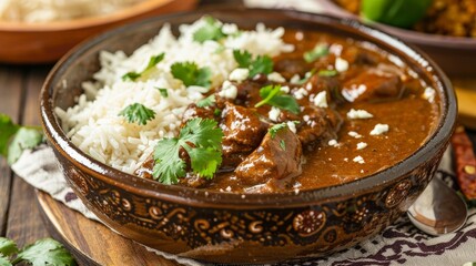 Wall Mural - A bowl of flavorful mole poblano, served with tender pieces of chicken and rice.