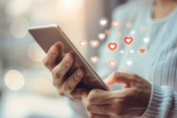Person using smartphone with hearts floating, symbolizing social media likes, online connections, and digital communication. Soft-focus background.