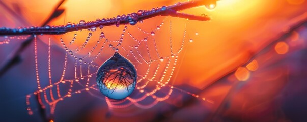 A photorealistic image of a dewdrop clinging to a spiderweb, reflecting the sunrise.