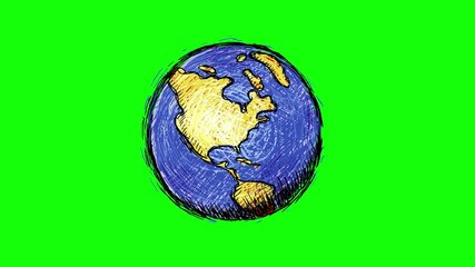 earth crazy cartoon pulsing hand drawn globe green screen. very dynamic greenbox background isolated