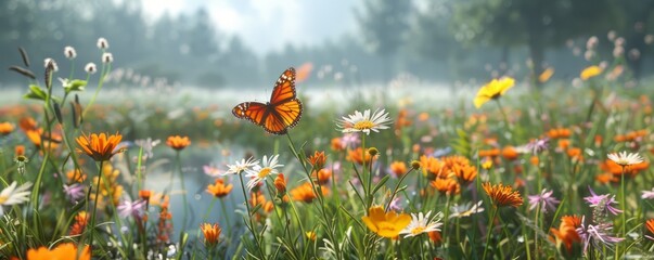 Wall Mural - A tranquil meadow filled with wildflowers, where butterflies flit and bees buzz among the fragrant blossoms.