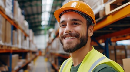 Warehouse scene with a smiling worker.