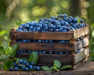 Sticker - Freshly Harvested Blueberries in Wooden Crate with Green Foliage in Backdrop Fruit Concept