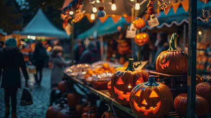 Halloween market with stalls selling eerie decorations and treats.