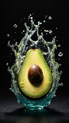 Avocado with water splash isolated on dark background 