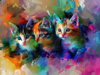 Wall Mural - Three colorful kittens in a vibrant abstract background, AI-generated.