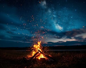 Wall Mural - Cozy Campfire under the Starry Night Sky with Sparks and Embers