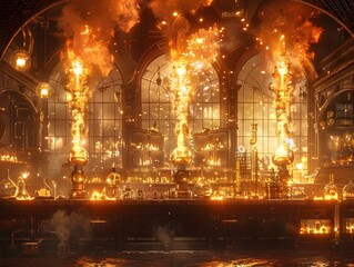 Poster - Steampunk Laboratory with Fiery Experiments and Glowing Apparatuses Creating a Dynamic Scene