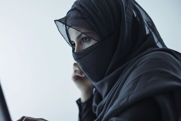 Wall Mural - Woman in a Hijab Working on a Laptop