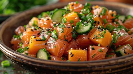 Wall Mural - Salmon Poke Bowl with Sesame Seeds and Green Onions