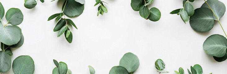 Poster - Eucalyptus leaves on a white background, in a flat lay, top view, with space for text. A minimal floral composition with green eucalyptus branches