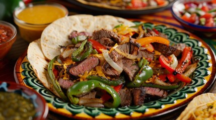 Wall Mural - A colorful plate of sizzling fajitas with grilled vegetables and tortillas, served with fresh salsa.