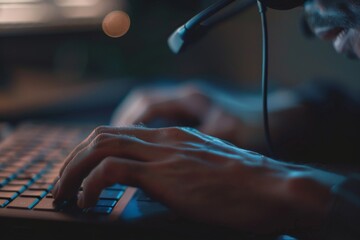 Poster - Close-up of Hands Typing on a Keyboard in a Dark Room
