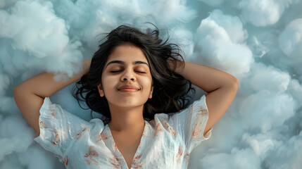 Wall Mural - indian businesswoman with eyes closed and smiling, lying with hands behind head on clouds, concept of tranquility and comfort