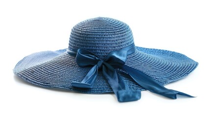 Blue vintage straw hat with classic wide brim and ribbon, isolated on white background