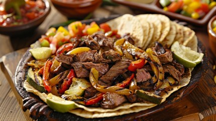 Wall Mural - A colorful plate of sizzling fajitas with grilled vegetables and tortillas, served with fresh salsa.