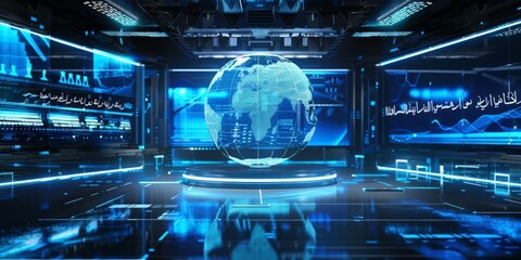 Poster - Futuristic Control Room with Global Data Display