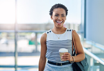 Poster - Portrait, coffee and woman excited at work for opportunity, project or internship goals. Smile, break and young employee for vacancy with drink, laughing and joke in office for startup business