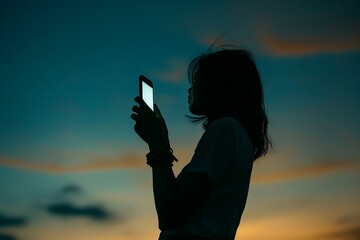 Wall Mural - silhouette of woman holding up glowing phone in the dark sky, low angle shot, editorial photography, professional color grading, soft shadows, no contrast, clean sharp focus digital photography 