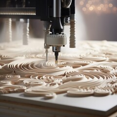 Poster - precision cnc router carving detailed design into wood with intricate lines and textures