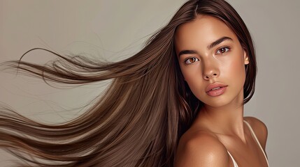 Wall Mural - Fashionable brunette woman with straight long shiny hair, confident look, beauty and hair care