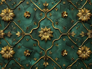 Luxurious Green and Gold Floral Patterned Wall Design