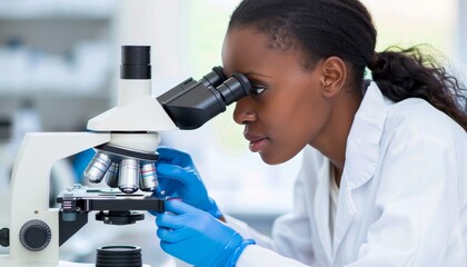 Wall Mural - Scientist in lab coat analyzing microscope details in cutting edge research facility