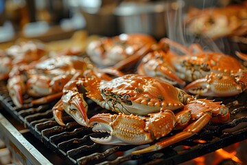 Wall Mural - Grilled Crabs Sizzling on a Barbecue Grill