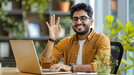 Happy young Indian man working in the office, sitting with a chair and enjoying success, looking at the laptop screen and showing a victory gesture with his hand