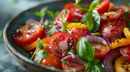 Wall Mural - Fresh Tomato and Basil Salad with Red Onion and Bell Peppers