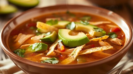 Wall Mural - A delicious bowl of chicken tortilla soup, topped with crispy tortilla strips and avocado.